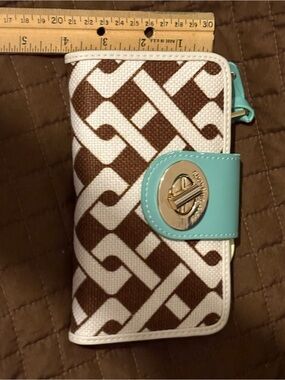 Spartina 449 Brown & White Pattern Wallet with Aqua Snap